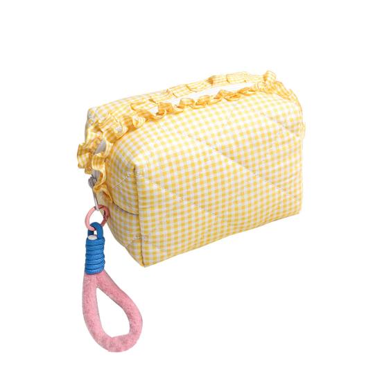 Cosmetic Bag with Contrast Color Bracelet Embellishment Ruffle Decoration Makeup Organizer Plaid Quilting Design Makeup Bag