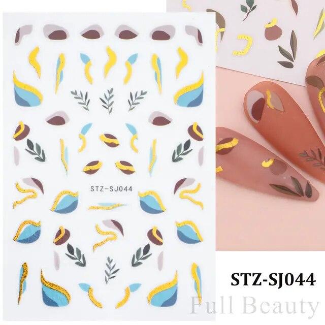 Lily Flower Geometric 3D Nail Stickers Maple Leaves Lines Nail Art Adhesive Sliders Red Berries Decals Decoration PPSTZ-SJ027