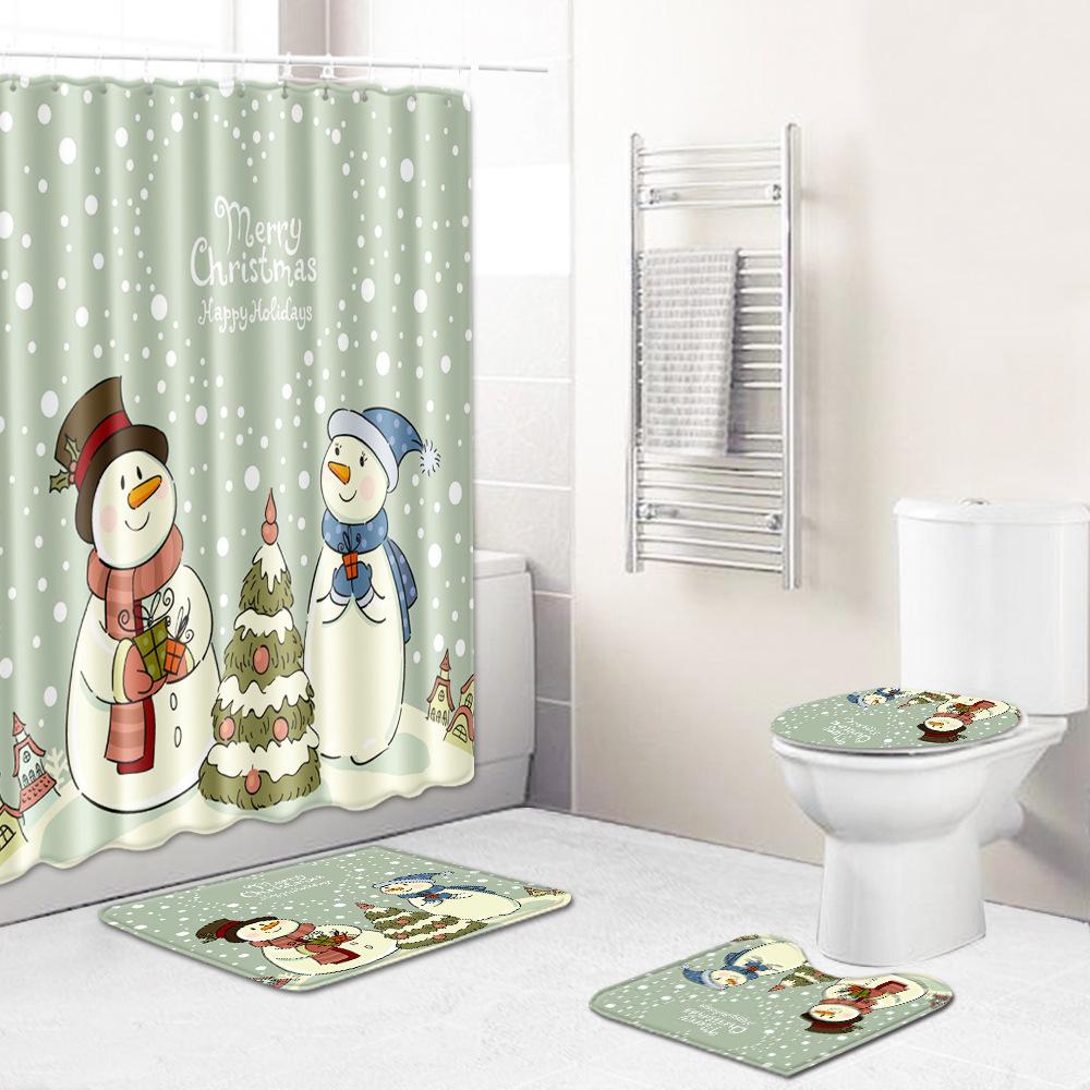 Christmas Waterproof Shower Curtain Four-Piece Combination Floor Mat Entrance Door Mat Bedroom Living Room Carpet