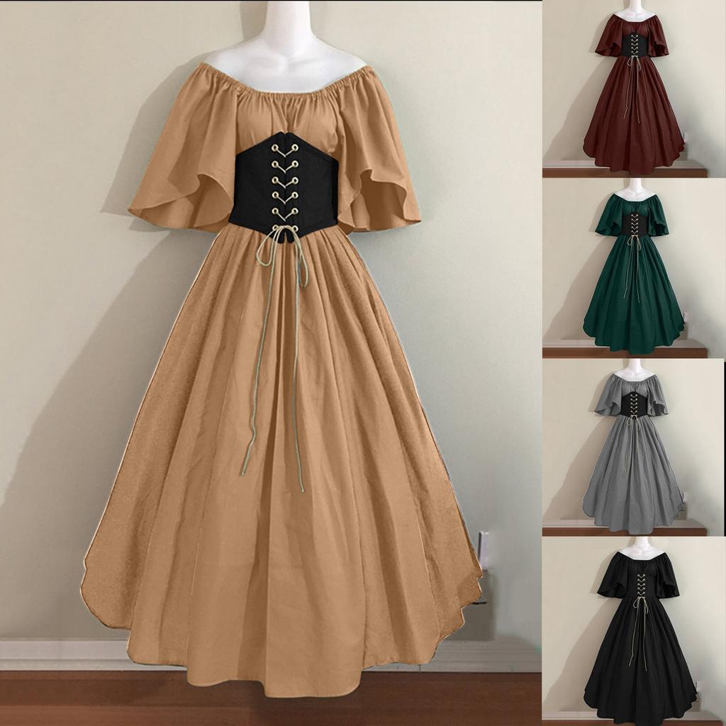 Women's Fashion Retro Solid Color Slim Fit Dress With Flying Sleeves And Large Swing Skirt, Off Shoulder Dress