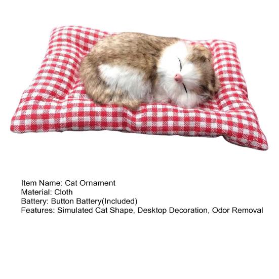 Simulation Sleeping Cat Decoration with Plaid Mat Odor Removal Bamboo Charcoal Plush Kitten Stuffed Animal Doll Home Office Desktop Car Interior
