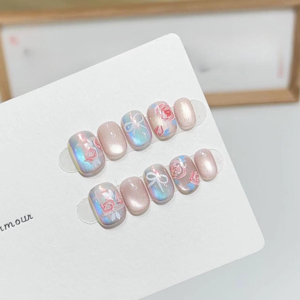 Pure Hand-made Armor Atmosphere Hand-painted Rose Bow Fantasy Color Cat Eye Nail Art Daily Short Style Removable
