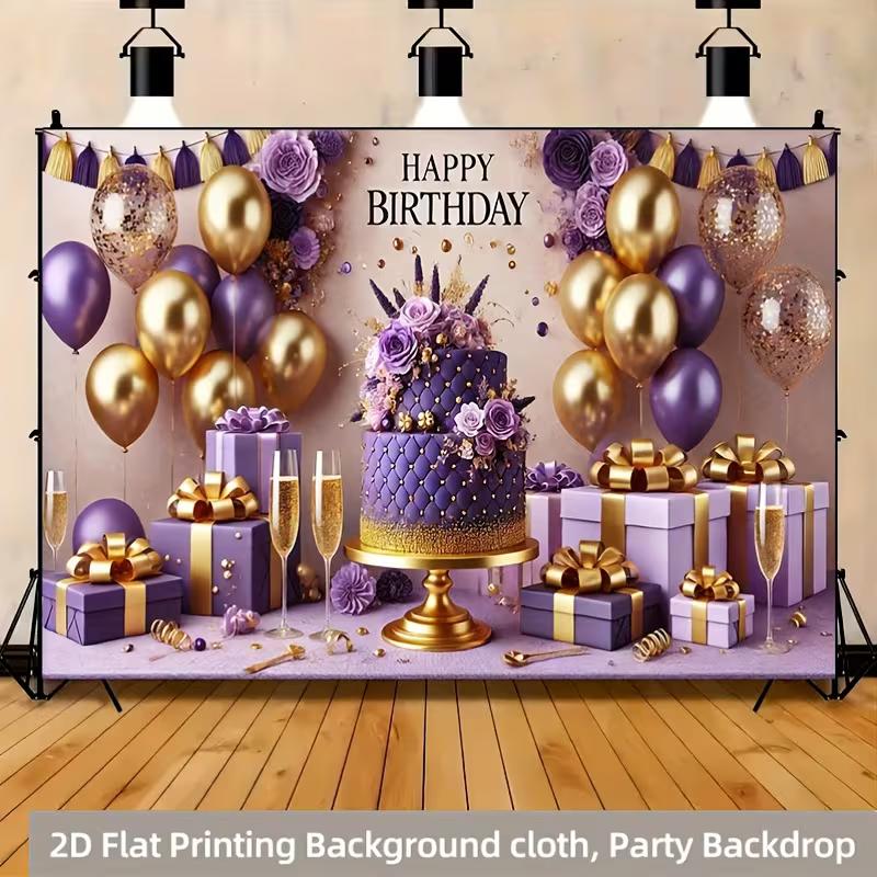 2D Purple Gold Luxury Birthday Backdrop Banner 8ft Wide Happy Birthday Party Decor Background
