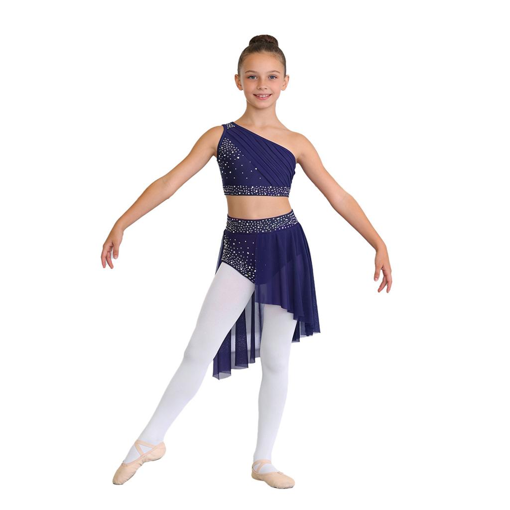 Girls Lyrical Dance Outfit One Shoulder Crop Top Shiny Rhinestone Ruched Sheer Mesh Overlay Skirted Briefs