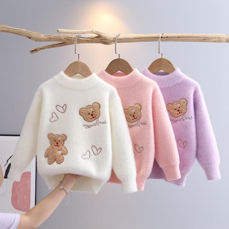 Korean Style Cartoon Bear Print Knitted Sweater Kids Girl Kawaii Harajuku Long Sleeve Winter Love Jumper for Girls