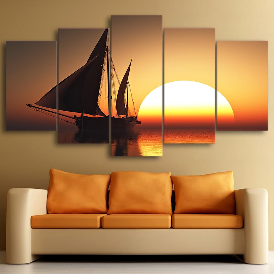 Wall Art Canvas Painting Modular Pictures Modern HD Printed 5 Piece Sun Sea Ship Scenery Home Decor Living Room Decor