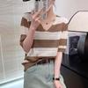 Women's Knitted T-shirt V-neck Hollow Stripe Summer Thin Ice Silk Short Sleeve Top