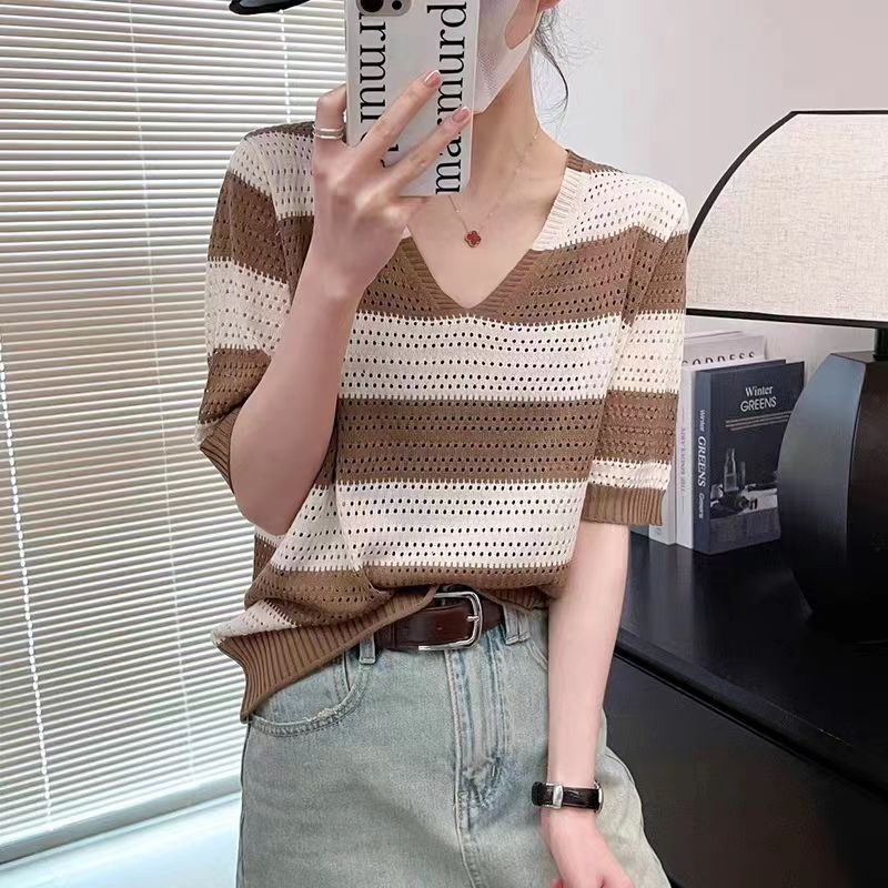 Women's Knitted T-shirt V-neck Hollow Stripe Summer Thin Ice Silk Short Sleeve Top