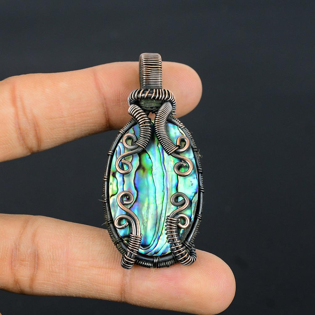 Abalone Shell 999 Copper Wire Wrapped Pendant, Handmade Gemstone Pendant Jewelry, Gifts For Wife Brand New Pendant