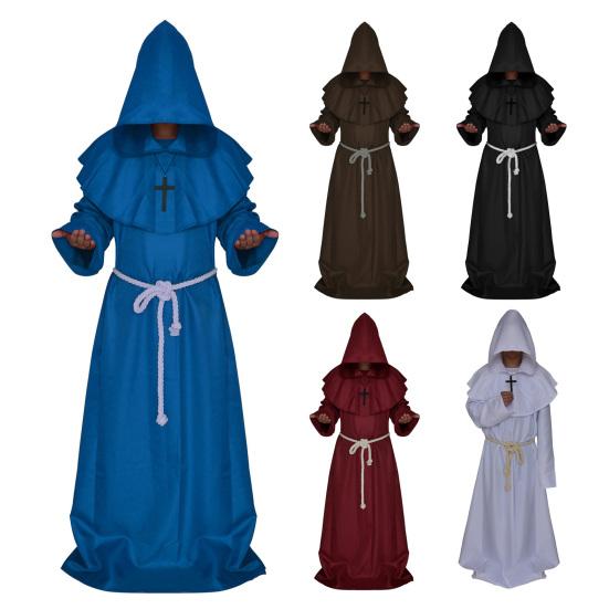 Friar Medieval Hooded Robe Monk Renaissance Priest Costume Halloween Wizard Sorcerer Cosplay Cloak for Adults