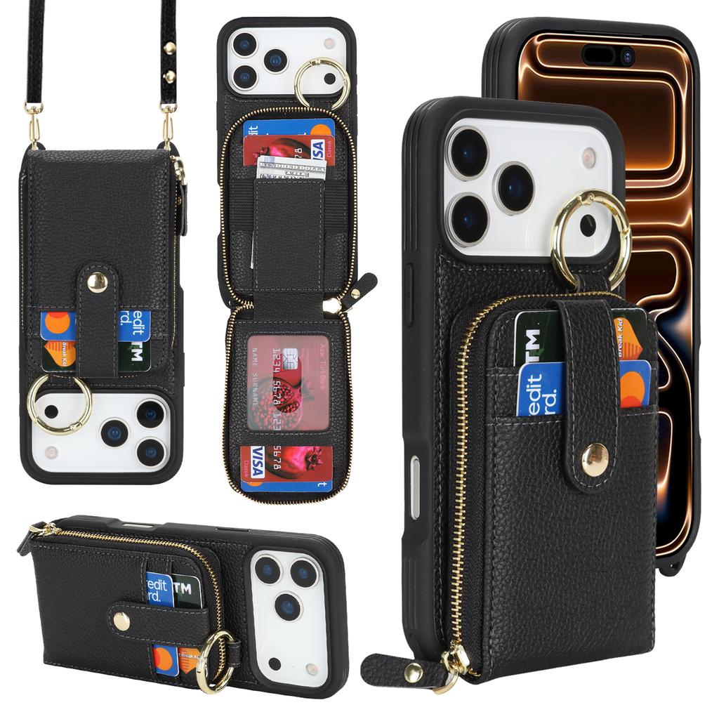 Чехол для iPhone 17 Pro Max с карманом на молнии / Кольцом-подставкой / Ремешком PU с текстурой личи + ТПУ Чехол для телефона