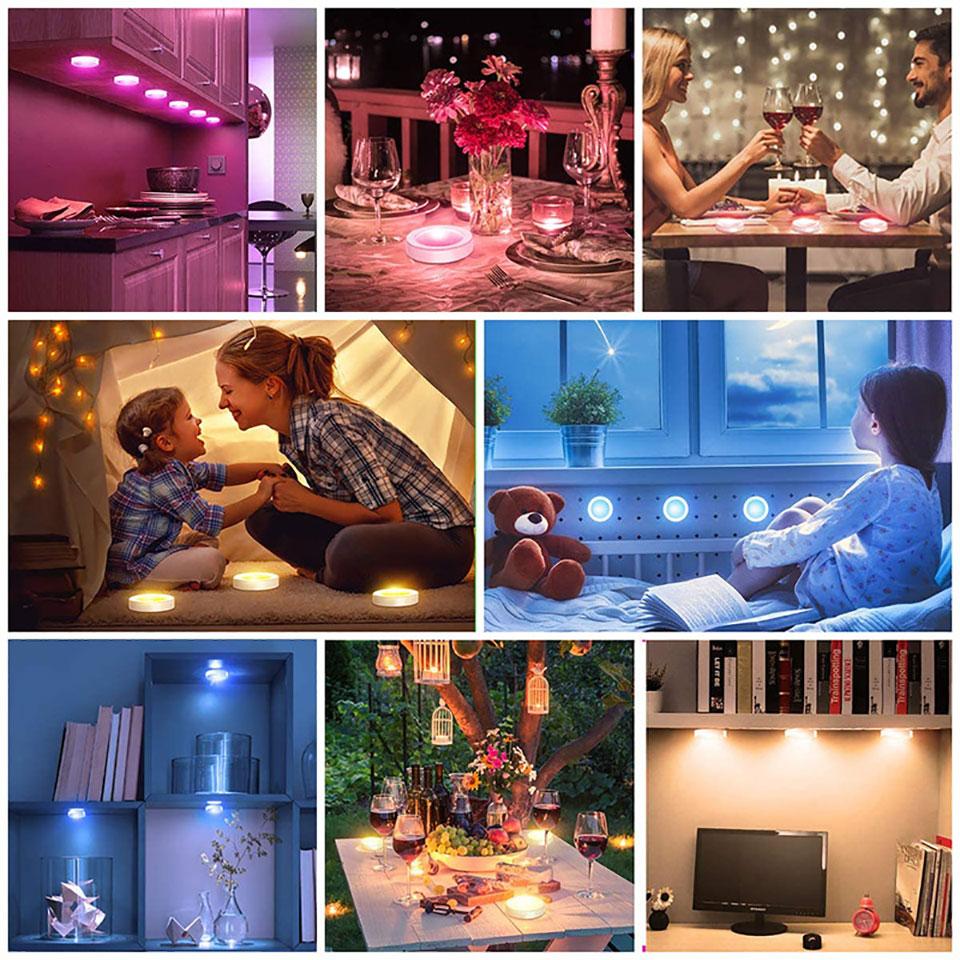 Светодиодный ночник RGB на батарейках, светодиодная лампа под шкаф, шайбовые светильники с пультом дистанционного управления для дома, гардероба, кухни, витрины, украшения