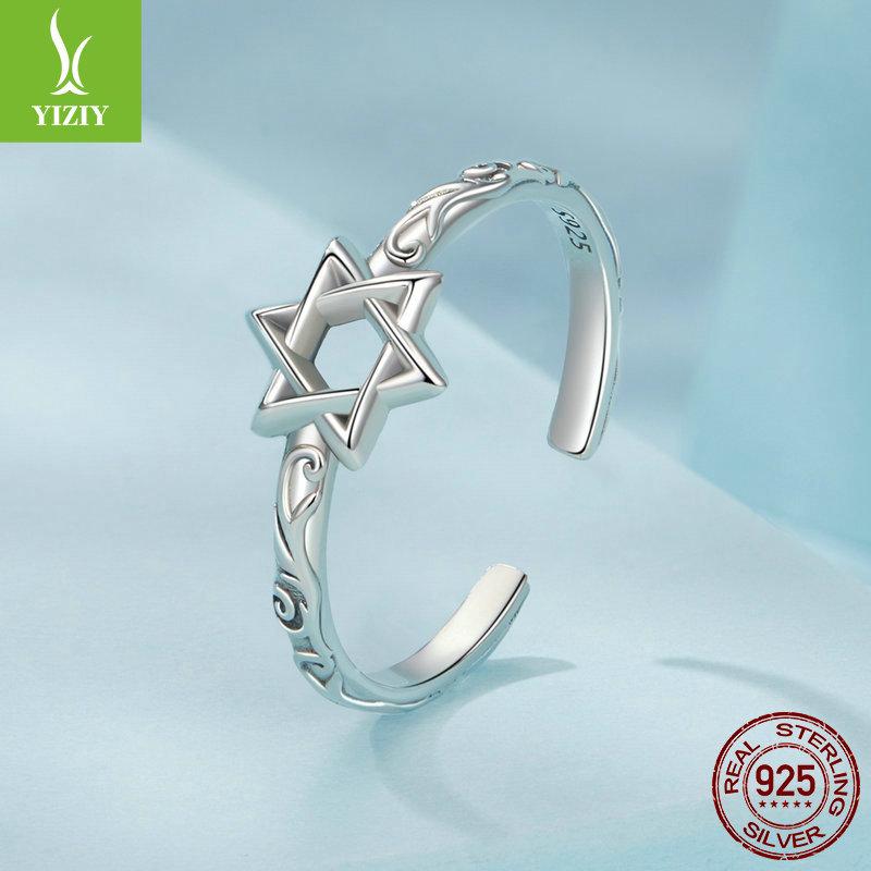 Vintage Hexagram Open Ring, Fashion S925 Sterling Silver Lucky Pattern Ring