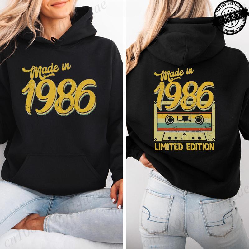 New Fashion Woman Printed Hoodie Daily Casual Fashion Hooded Sweatshirts Vintage 1986 Limited Cassette Pullover Sweatshirts