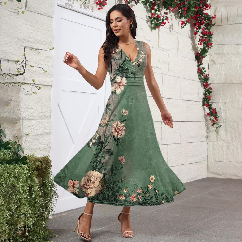 Женское летнее модное ретро-платье с V-образным вырезом и без рукавов