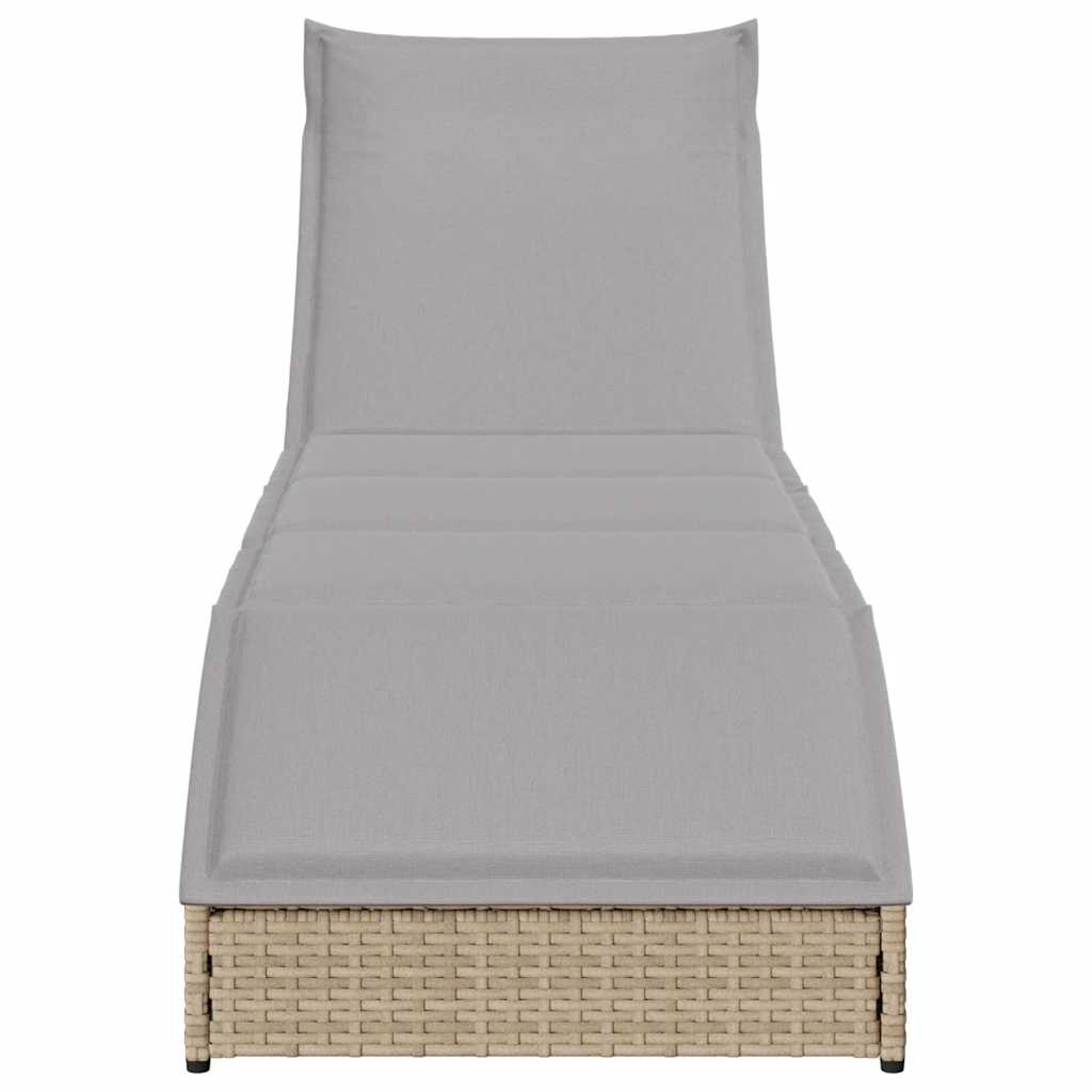Folding Sun Lounger with Cushion and Storage Space Beige Poly Rattan