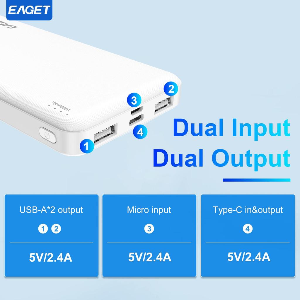 EAGET Портативное зарядное устройство Power Bank емкостью 10000 мАч для быстрой зарядки мобильных устройств с технологией зарядки PowerIQ и USB-C для iPhone 15 и Android