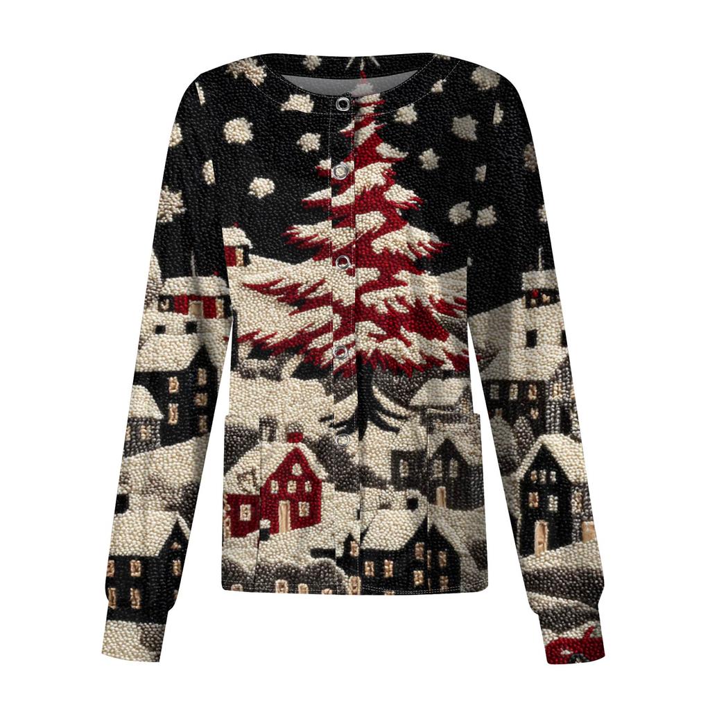 Women's Casual Long-Sleeved Single-Breasted Christmas-Themed Print  Cardigan