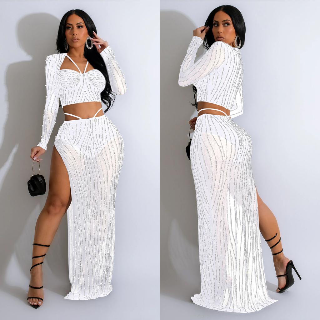 Evening Dress Fashion Women's Evening Gown Solid Colour Mesh Hot Drilling Long Sleeve Long Dress Set