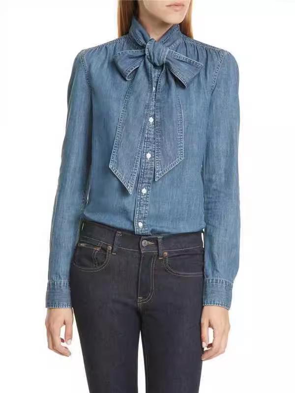 2024 Европейская и Американская Повседневная Джинсовая Рубашка с Длинным Рукавом и Воротником Кент