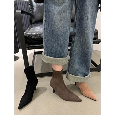 Замшевые тонкие ботильоны на высоком каблуке с острым носком, маленькие короткие ботинки, женская обувь 2025, новые весенне-осенне-зимние бархатные корейские маленькие ботильоны