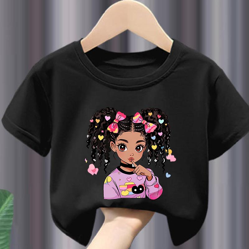 Colorful Cute BLACK GIRL Print Girls Soft and Stretchy Round Neck Short Sleeve T-shirt Kids Clothes Clothes Girls Clothes