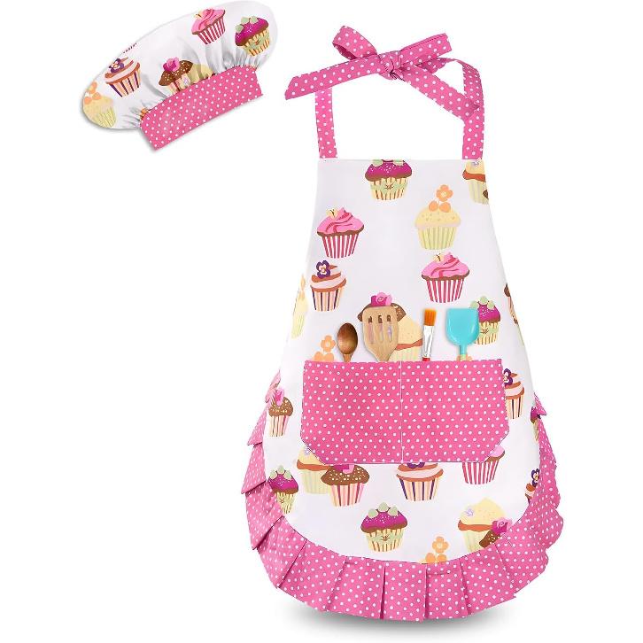 Kids Aprons for Cooking,Kids Chef Hat and Apron with Large Pocket for Baking Cupcake kids Apron for 6-12 Years