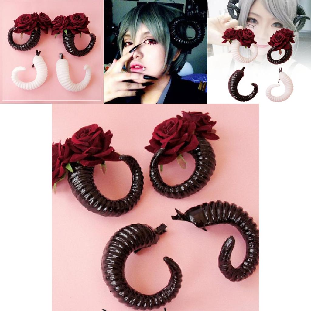 Chic Sheep Horn Hair Clips With Gorgeous White And Black Rose Accents For Fashion Lovers