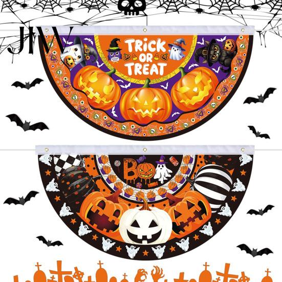 Reusable Holiday Porch Sign Halloween Semi Circle Bunting Banner, Pumpkin Bat Yard Decor, Decorative Fan Shaped Flags Spooky Festive Hanging Flag for