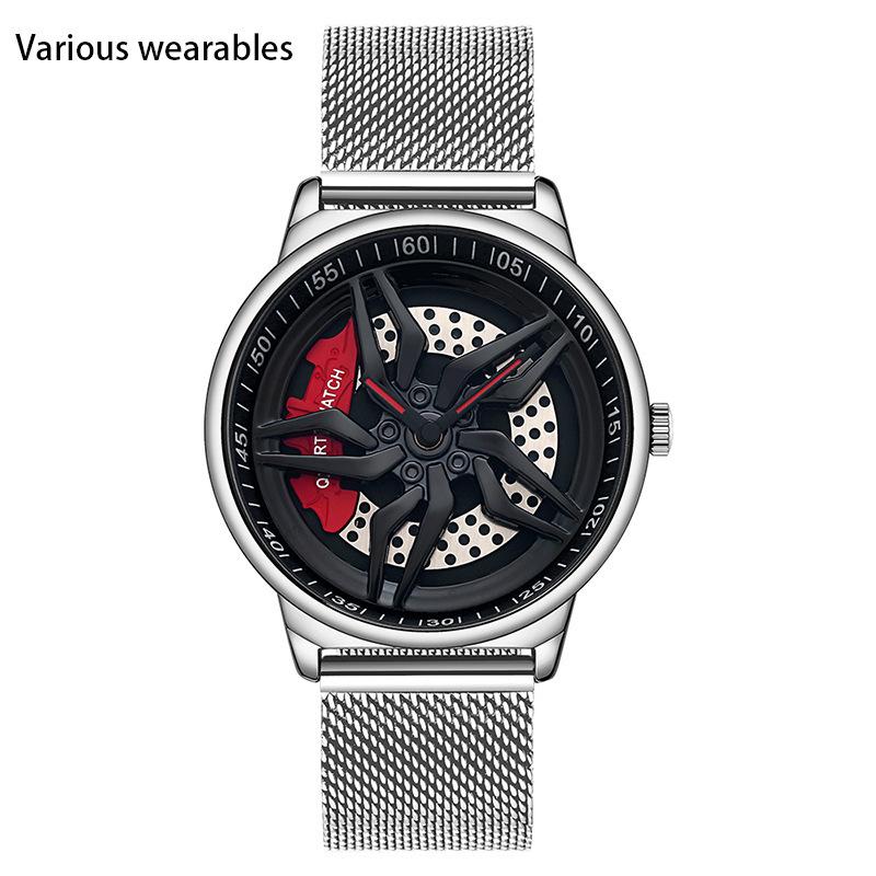 Новые крутые мужские кварцевые часы с трехмерным вращающимся циферблатом и водонепроницаемым сетчатым ремешком