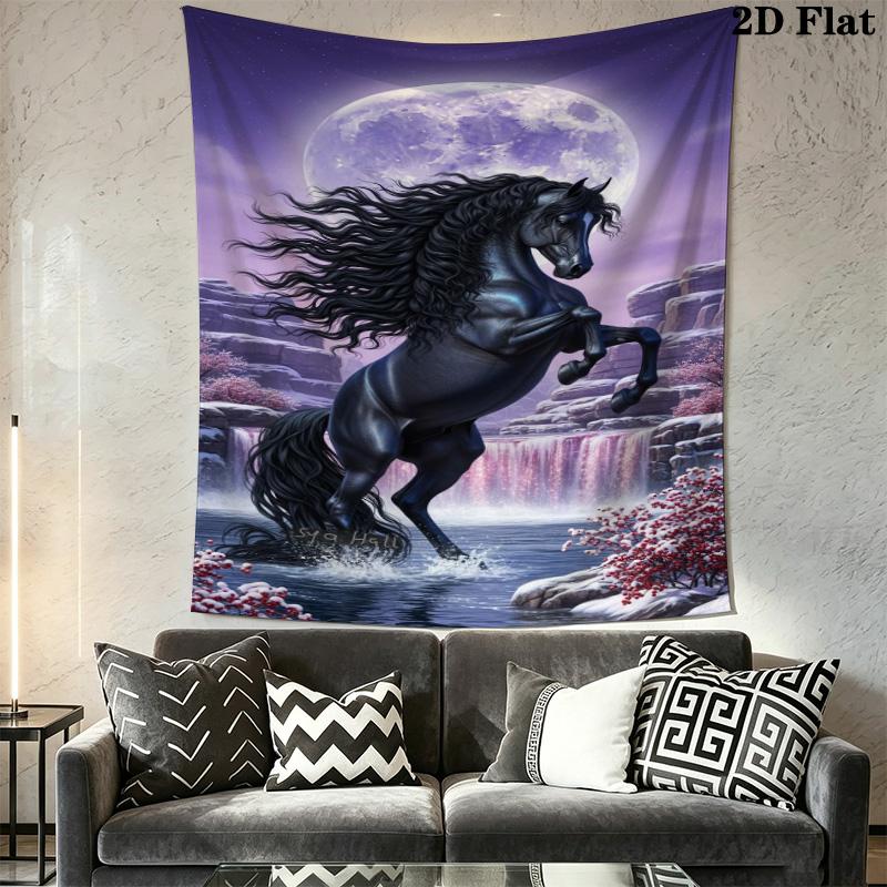 White Horse with Autumn Maple Leaves Tapestry, Fantasy Purple Sky Horse Art Print Wall Hanging Home Decor
