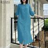 Women Casual Round Neck Solid Color 3/4 Sleeve Loose Dress