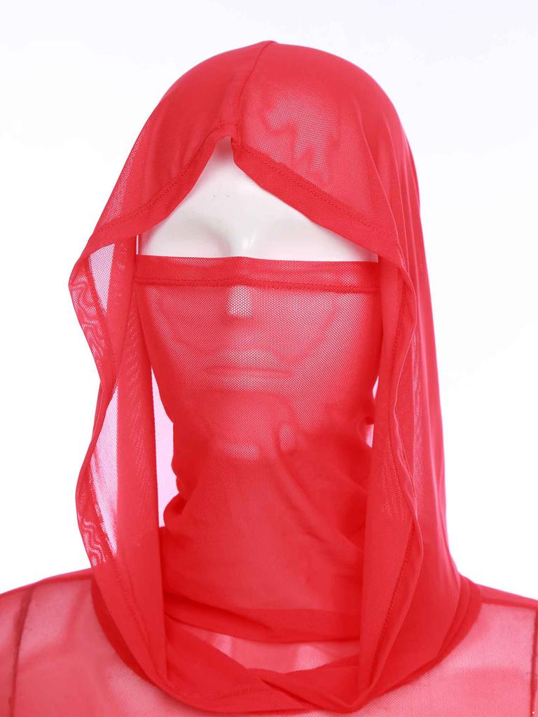 Fashion Women Sheer Dress Maxi Hollow Out Mesh Coverup with Long Sleeves Hooded Mask and High Slit, Sexy Party Club Wear