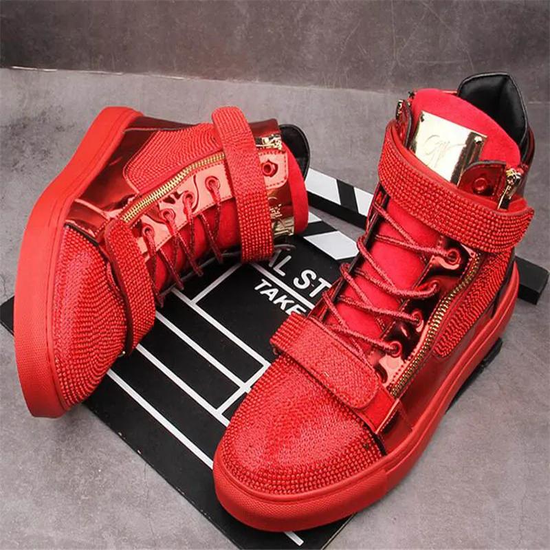 Модные новые дизайнерские мужские блестящие стразы высокие кроссовки повседневные туфли на плоской подошве скейтборд кроссовки на толстой подошве мужская обувь