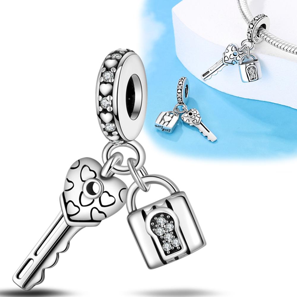 S925 Sterling Silver Key & Lock Heart Pendant Fit Charms Silver S925 Original Bracelet for Jewelry Making
