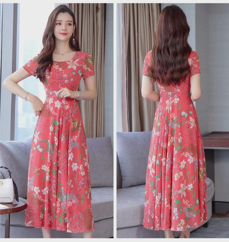 Женское платье длиной до колена с короткими рукавами, цветочным принтом, круглым вырезом и приталенным кроем, лето 2021 г.