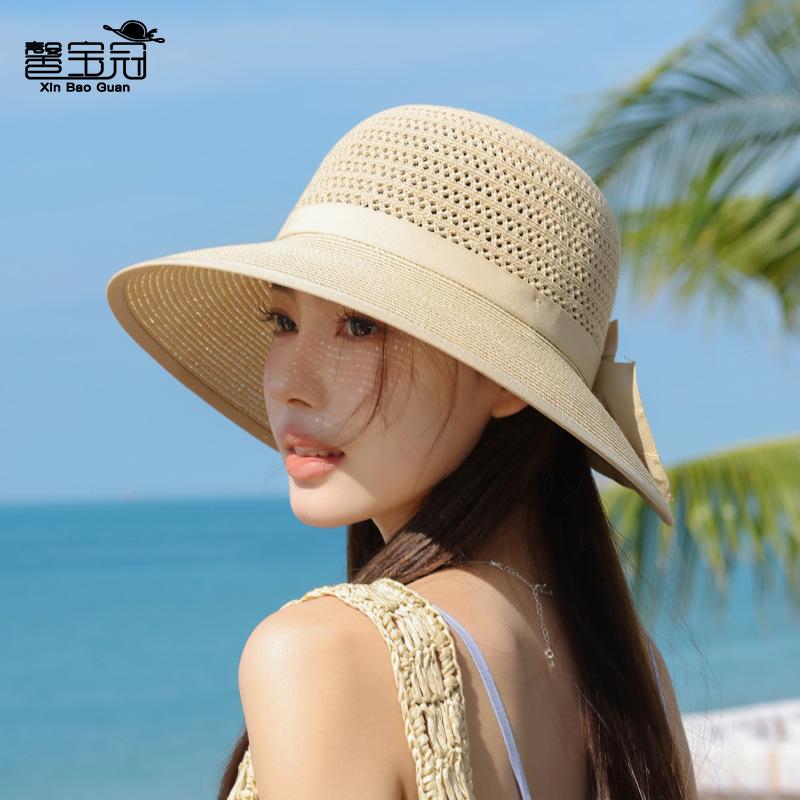 Летняя пляжная шляпа от солнца с бантом, женская модная шляпа от солнца с большими полями, полая, дышащая, солнцезащитная шляпа-ведро