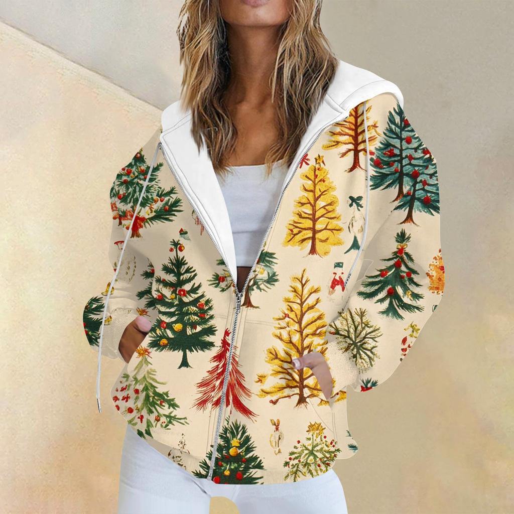 Женская повседневная рождественская печатная толстовка на осень и зиму с длинными рукавами и карманом на молнии с капюшоном