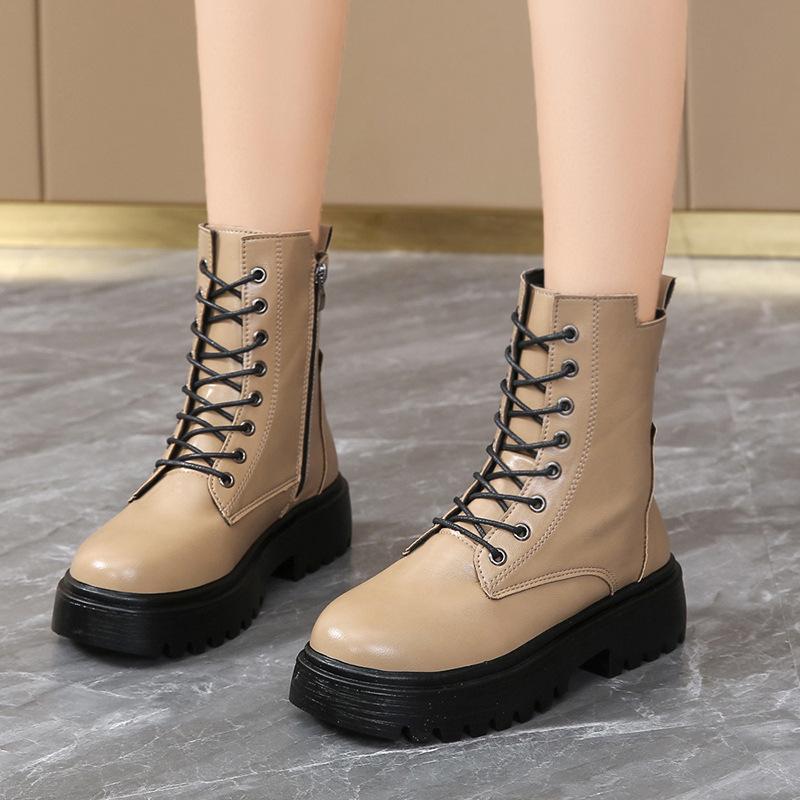 Women's Leather Boots Fashion Outdoor Casual Ankle Boot Lace-up Platform Boot Classic Leather Short Boots Women Motorcycle Boots