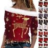 Women's Casual Long Sleeve Off-shoulder Christmas Printed Plush Fashion Top