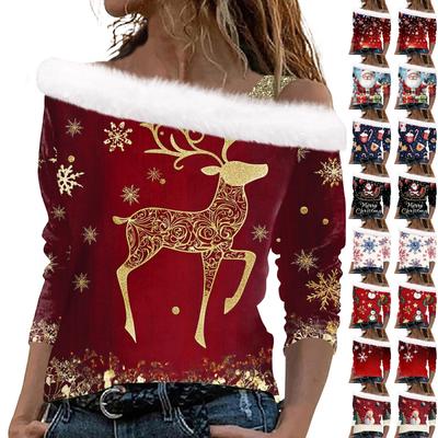Женский повседневный модный топ с длинными рукавами и открытыми плечами с рождественским принтом из плюша