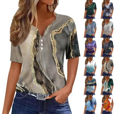 Жен. Футболка Футболка С принтом Пуговицы С короткими рукавами Повседневные Выходные Мода Классический V-образный вырез Обычный Верх
