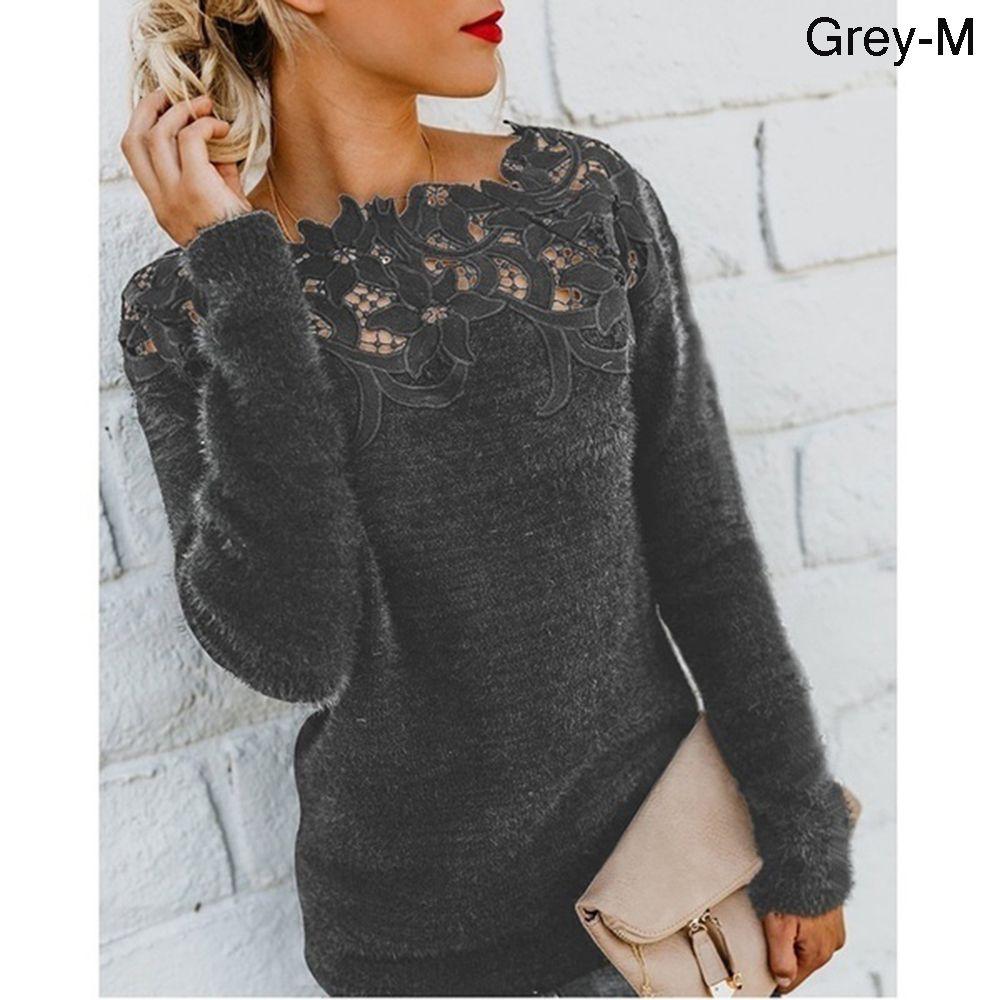 Round Neck Plus Size Lace Warm Plush Pullovers Jumpers Sttiching Tops Knitted Sweater