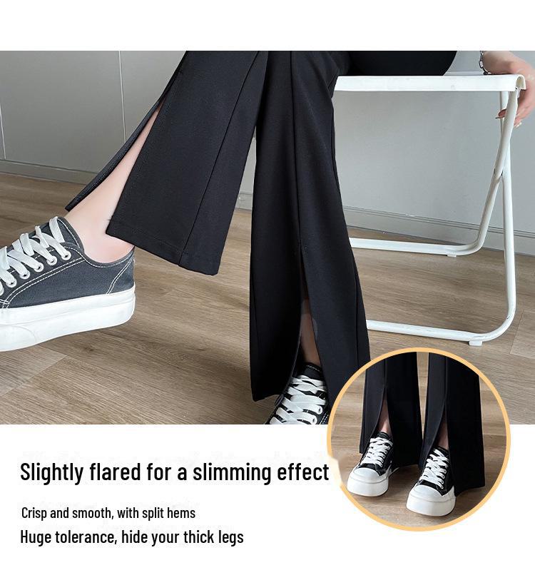 Черные расклешенные брюки с высокой талией для женщин - утягивающие, весна/осень, большие размеры, легкий дизайн с разрезом спереди