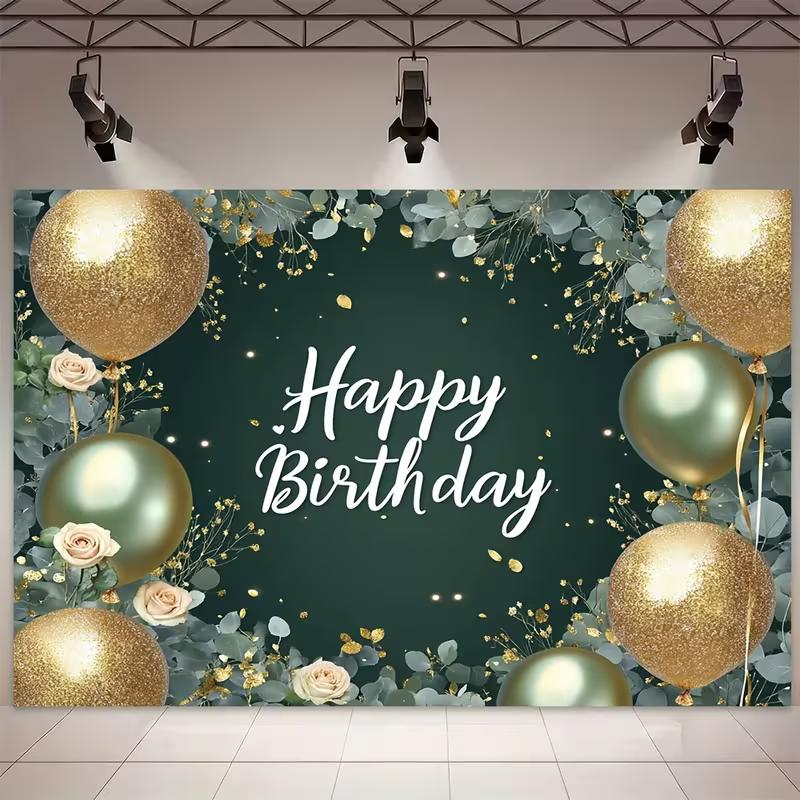 2D Dark Green Gold Floral Balloon Birthday Backdrop Elegant Party Photo Background Cloth