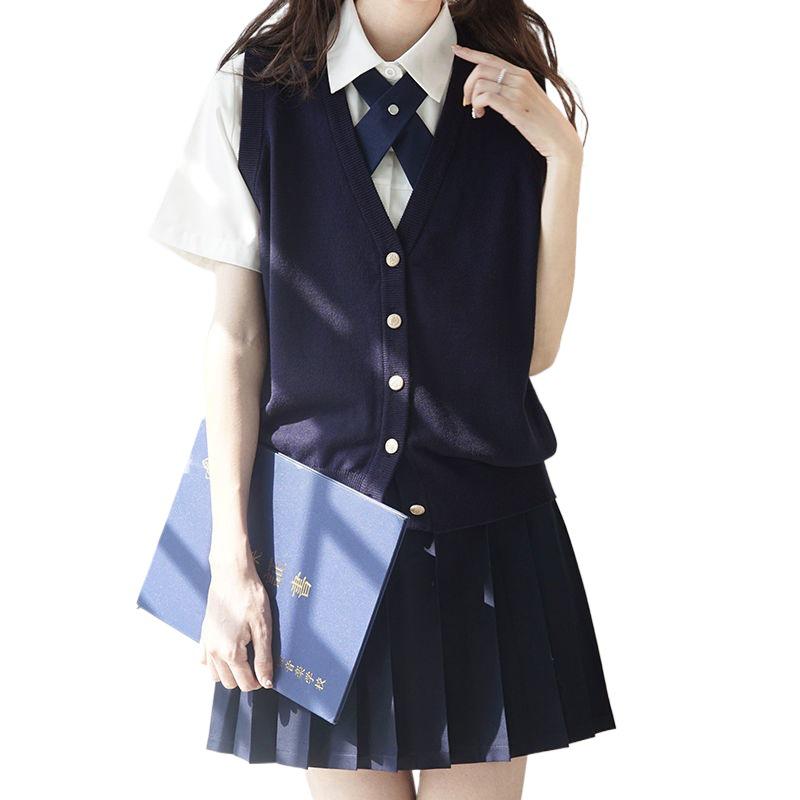 Оригинальный темно-синий кардиган-жилет JK - Вязаный свитер с V-образным вырезом в японском школьном стиле