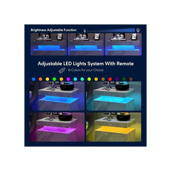 Table de chevet LED - MUVOE - Moderne - 2 Tiroirs - Gris foncé - Multicolore réglable