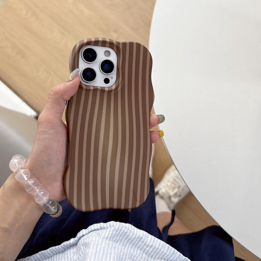 Wave Edges Stripes 2 in 1 TPU+PC Shockproof Phone Case for iPhone 13 14 15 16 17 Pro Max Autumn Brown Color Frosting Cover Shell
