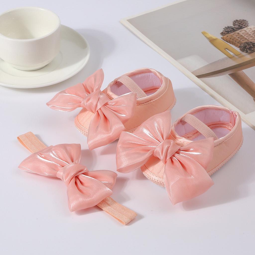 Туфельки для крещения для маленьких девочек с бантом и повязкой на голову, милые блестящие балетки и повязка для волос, мягкая подошва, детские первые шаги