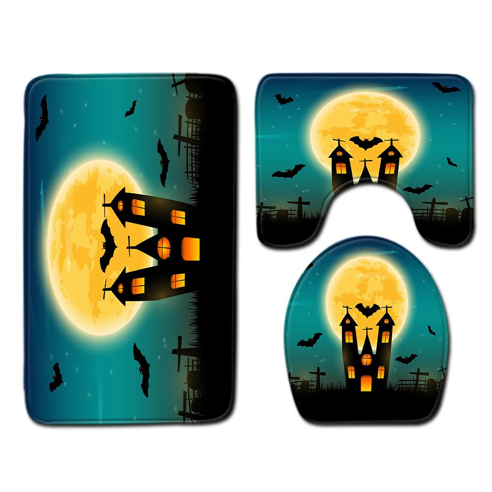 Halloween Shower Curtain Floor Mat Three-Piece Combination Set, Living Room Sand Absorbent Carpet, Bedroom Non-Slip Door Mat